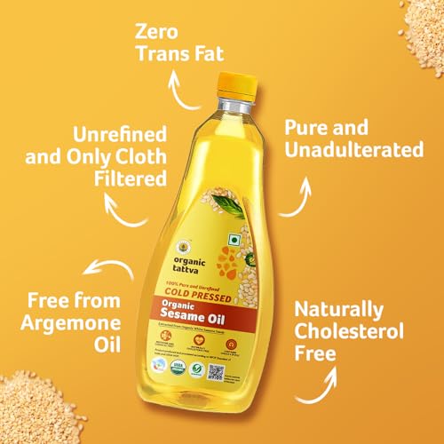 Image of Organic Tattva, Organic Sesame Oil, 1 Litre | Unrefined Safed Til Ka Tel | Cholesterol and Tran Fat Free| 100% Organic | Pesticide and Chemical Free | Pure and Unadulterated | Double Filtered | Expeller-Pressed | Pack of 2