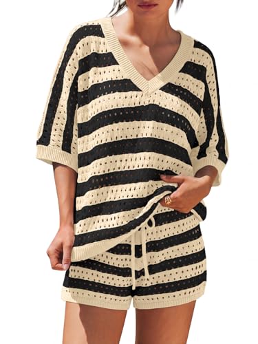 LILLUSORY Womens Crochet Striped Short Sets Two Piece Mesh Knit Beach Cover Ups V Neck Summer Vacation Outfits Lounge Pajamas Beige Black Stripe M