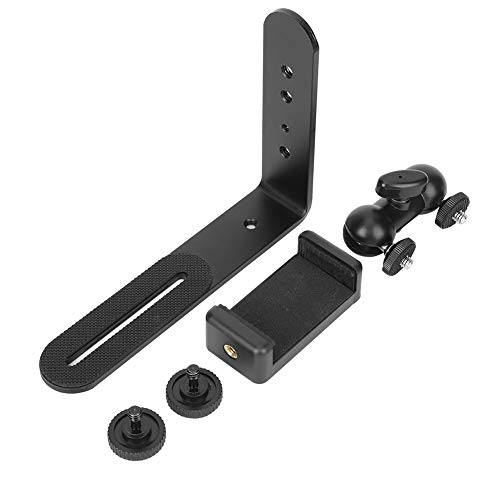 Image of SLR Mirrorless Camera Bracket with Adjustable Phone Clip, Universal Photography Accessory Mount for LED Light Microphone Monitor, Metal L - Shape Bracket for Smartphones 2.2 - 3.3i