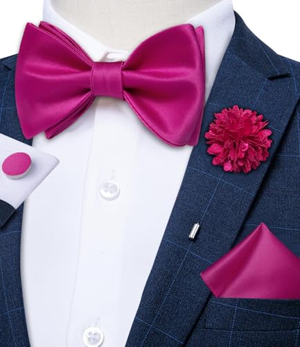 Image of DiBanGu Solid Color Bow Ties for Men Formal Satin Self Tied Bowtie with Lapel Pin Pocket Square Cufflinks for Wedding Party