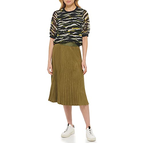 Dkny Women's Chiffon Short Sleeve Printed Top, Black Cadet Green Multi, Medium #TOP1