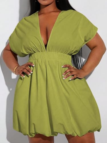 Image of WDIRARA Women's Plus Size Deep V Neck Bubble Dress Short Sleeve A Line Mini Dresses