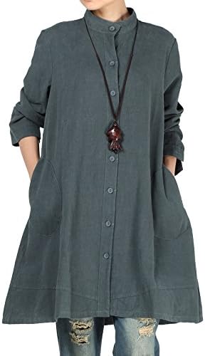 Mordenmiss Women's Cotton Linen Full Front Buttons Jacket Outfit with Pockets (Large, Style 1-Dark Green)