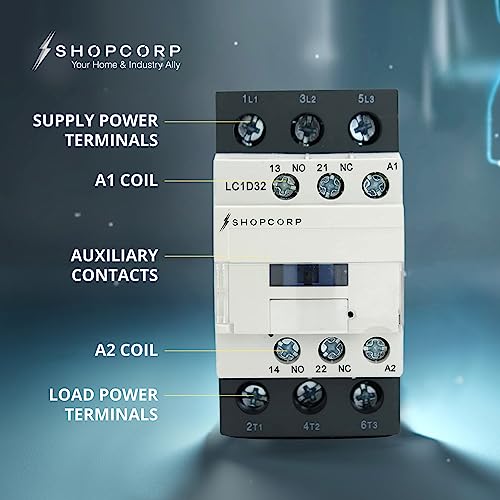 Shopcorp 30 Amp 3 Pole Normally Open Iec 660V Contactor Switch, Auxiliary 1No/1Nc –110-120Vac Coil, Lighting Contactor With Mounting Base For Din Rail- Inductive 32A And Resistive 50A #TOP5