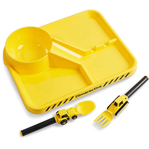 Dinneractive Dining Set For Kids - 3 PC Construction Themed Dinnerware - Tractor Utensils - Toddler Plates - Baby Dishes