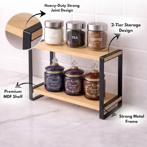 Image of Decorlay Metal & Wooden Spice Rack Organizer Space Saver Step Shelf Counter-Top Storage For Kitchen, Tabletop, Floor Standing Bathroom, Office, And Cosmetics (Black + Beech, Two - Tier)