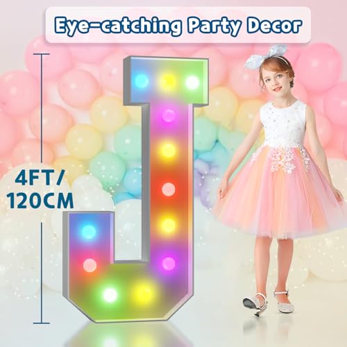 Image of Imprsv Colorful Marquee Letters 4 Feet Tall, Large Light up Letters J | RGB with Remote, Birthday Party Decorations Anniversary Wedding Decorations Assembly Required 21 Pcs Accessory Set