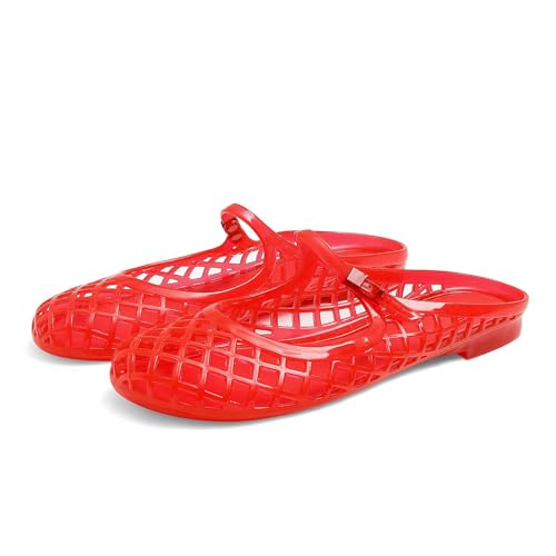 ZJGZF Red Jelly Sandals for Women Clear Sandals Jelly Shoes Women Mary Jane Mules Open Toe Slides Cute Comfortable Beach Summer Sandal Buckle Slippers