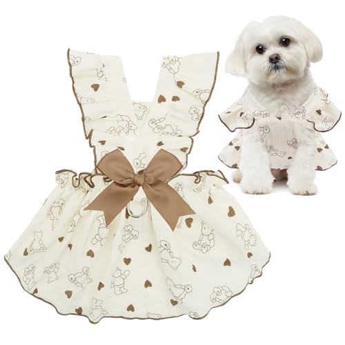 Image of CuteBone Cotton Dog Dress Bear with Leash Ring & Sleeve Ruffles, Soft & Breathable, Stylish Pet Clothes Outfit for Small Dogs, Comfortable & Easy to Wear CFX02XS