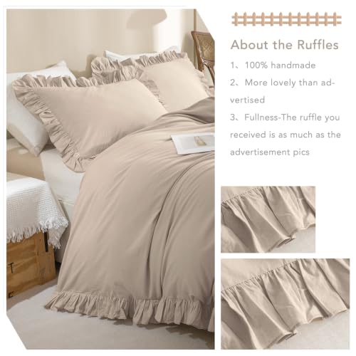 Image of QSH 3Pcs Washed Cotton Ruffle Duvet Cover King Size,Beige Khaki Linen Like Shabby Farmhouse Vintage Boho Chic Comforter Cover French Country Rustic Ruffled Bedding Set Soft Breathable Quilt Cover Set