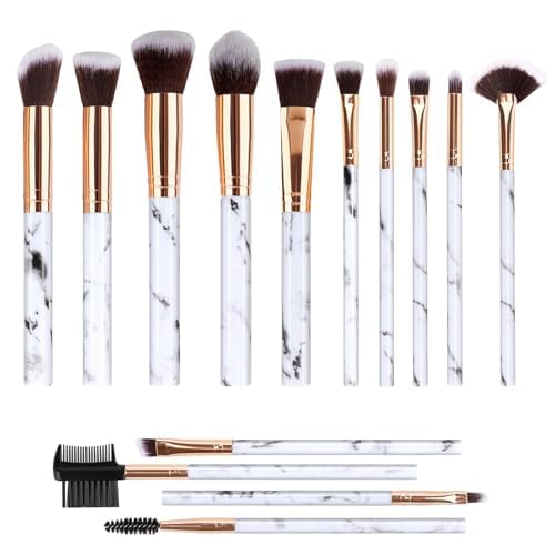14 Pcs Marble Effect Makeup Brush Set Professional Cosmetic Brush Kit with Soft Synthetic Bristles, Foundation Brushes, Powder, Eyeshadow, Face and Eye Make-up