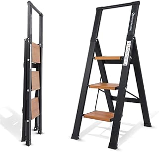 EPROSMIN Step Ladder 3 Step Stool with Integrated Handrail, Aluminum Ladders with Anti-Slip Wide 3 Tread, Folding Steps Anti-Slip 150kgs Capacity Safety Household Ladder (Black)