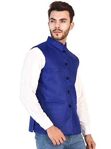 Image of Vastraa Fusion Men's Cotton Bandhgala Checkered Nehru Jacket /Waistcoat (Blue, 46)