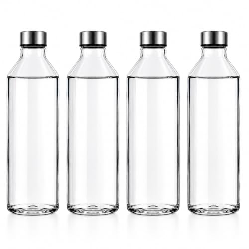 Image of Glass Water Bottle 750 ml with Stainless Steel Leakproof Lid, Reusable BPA Free Drinking Bottle for Water, Juice & Beverages, Clear Glass Bottle for Home, Office, Gym & Travel, Pack of 4