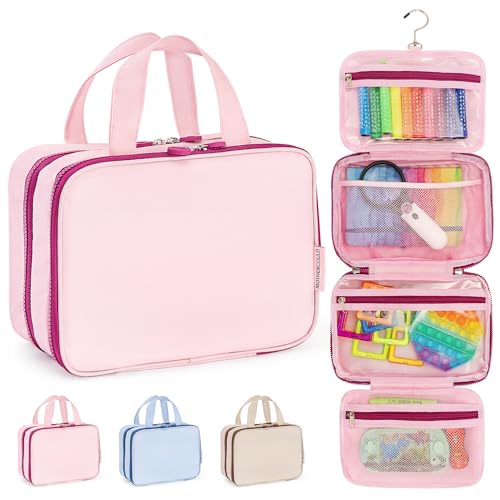 Kids Travel Organizer – Multi-Compartment, Water-Resistant Hanging Bag for Toys, Snacks, & Activities - Compact, Lightweight Design with Hook & Carry Handle - Perfect for Travel Use (Pink, Small)