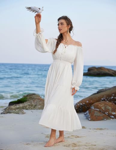 Scarlet Darkness Women Renaissance Off Shoulder Long Sleeve Smocked Waist Tiered Long Maxi Dress4