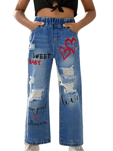 Floerns Toddler Girl's Elastic Waist Ripped Graphic Print Straight Leg Denim Pants