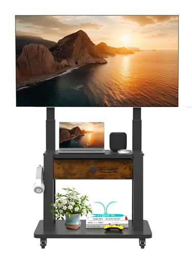 Rolling TV Stand with Fabric Drawer Storage for 32-75 Inch Flat/Curved Screen up to 220lbs LCD/LED/OLED Adjustable Height Mobile TV Cart with Wheels for Home Office Outdoor Max VESA 600x400mm