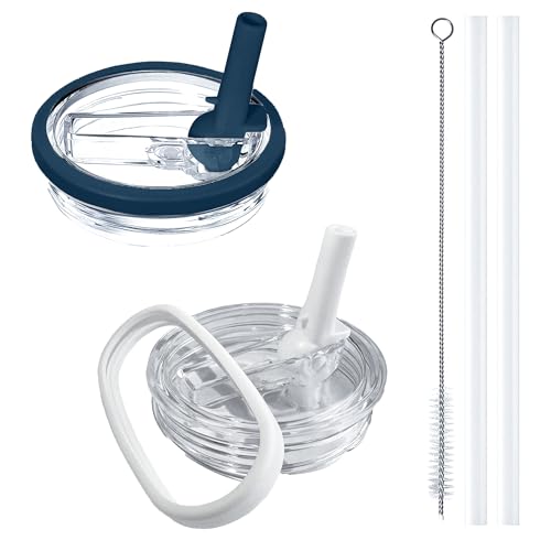 Aooiiysd 2 Pack Stanley Leak Proof Lid, with Flip Straw Lid, Stanley Cup Accessories, Stanley Lids Replacement for Stanley Quencher H2.0 40 oz Tumbler (Only), BPA Free (White and Dark Blue Set)