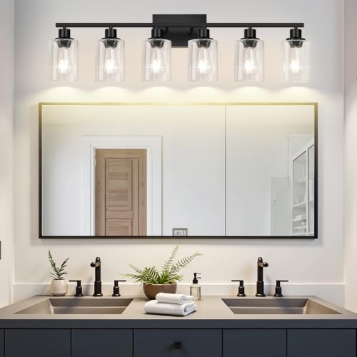 Image of MOKATNG 6-Light Bathroom Light Fixtures, Vanity Light with Clear Glass Shades, Matte Black Bathroom Light Fixtures Over Mirror, Modern Bathroom Wall Lamp for Mirror Living Room Cabinet Bedroom