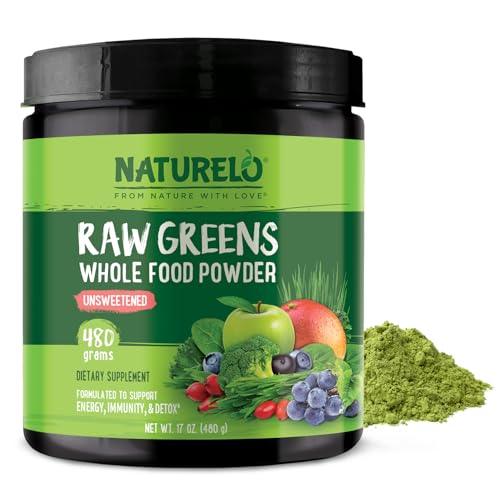 NATURELO Raw Greens Superfood Powder - Unsweetened - Boost Energy, Detox, Enhance Health - Organic Spirulina - Wheat Grass - Whole Food Nutrition from Fruits & Vegetables - 480 Grams