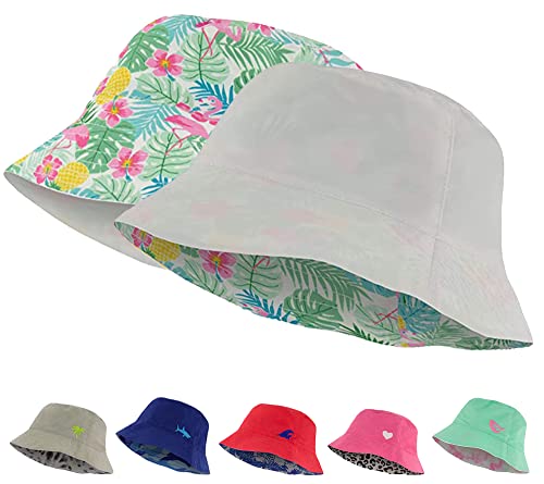 Kids Bucket Hat For Girls, Packable Fun & Cool Reversible Beach Sun Teen Toddler Bucket Hat (White/Tropical Flamingo, 7-14 Years) #TOP29