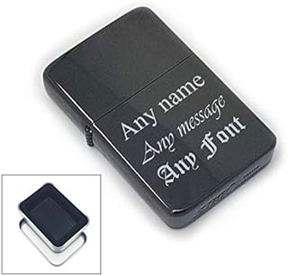 Personalised Engraved Black Gloss Lighter, Metal Tin Gift Box, Personalise with Any Message