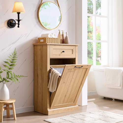 Image of IFGET Tilt Out Trash Can Cabinet, Trash Cabinet w /Drawer, Natural