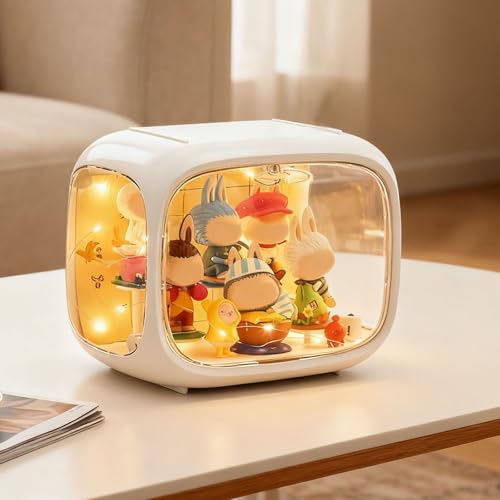 QISHENG スーツケースアクリル展示ケースランプ付き収納ボックス透明防塵カバーのデスクトップディスプレイケース展示ケース人形収納ポストはランダムに異動できる