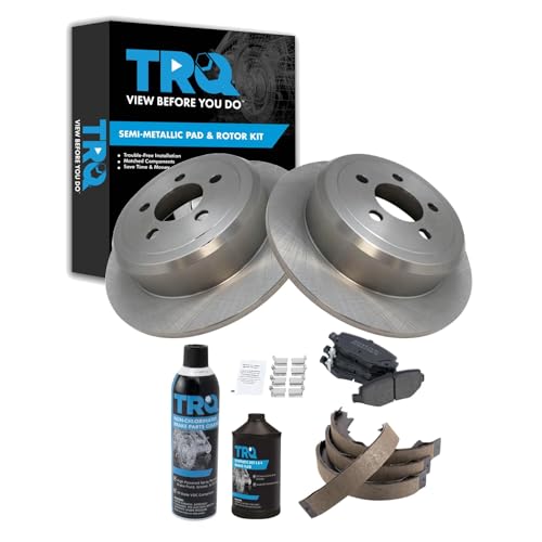 Image of TRQ Rear Brake Pad & Rotor Kit, with Chemical Kit Parking Brake Shoe Set Semi-Metallic Compatible with 2007-2011 Dodge Nitro 2008-2012 Jeep Liberty