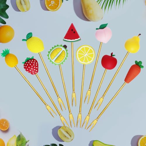 10Pcs Gold Cocktail Picks 5.2 Inch Metal Cocktail Picks Fruit Shape Appetizers Picks Reusable Food Skewers for Appetizers Bar Party Snacks Dessert Cake Sandwiches