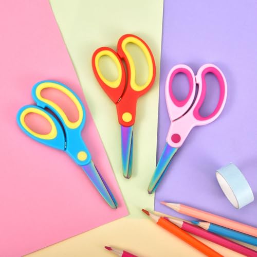 Image of SCAIKTIG 5 inch Left Handed Scissors kids Set(3 Pcs), Safety Rounded edge Blunt-Tip, Titanium Coating Blades, Comfort Grip for School Classroom Children and Toddler Cutting Craft Paper, Assorted Color