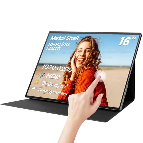 16 Inch Touchscreen Portable Monitor, HDR10, Metal Shell Travel Screen with Smart Cover and Speakers, IPS 1920x1200P External USB-C HDMI Secondary Touch Display for Laptop/PC/Game Console/Phone