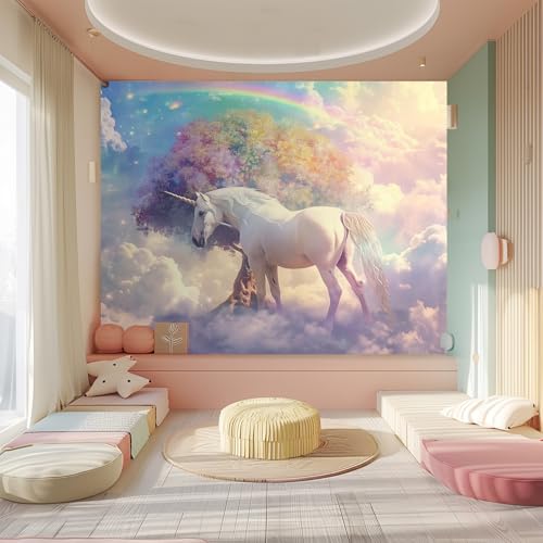 AMUGISH Magical Unicorn Wall Mural for Girls Bedroom - Dreamy Rainbow and Cloud Nursery Wallpaper, Enchanted Forest Peel and Stick Wall Decor for Kids Playroom (84"x61")