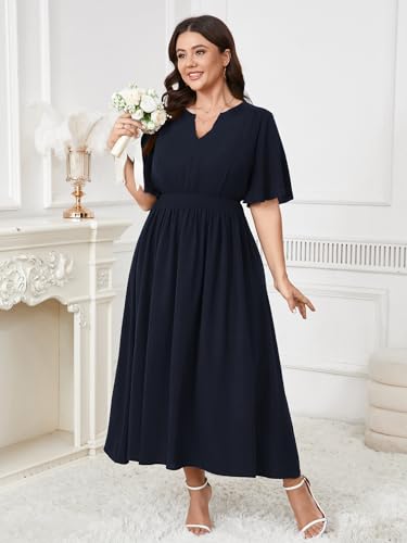 Image of Women's Plus Size Dress for Women Wedding Guest Cocktail Smocked Ruffle Short Sleeve V Neck Flowy Maxi Dresses