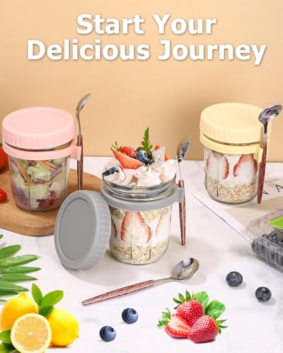 Miniatura 6 de Ixydor Juego De 6 Tarros De Avena Nocturna, Overnight Oats Jar, Mason Para Yogur, Con Tapa Y Cuchara, Tarros De Cristal Para Llevar Con Leche, Yogur, Cereales, Verduras Y Frutas,350ml