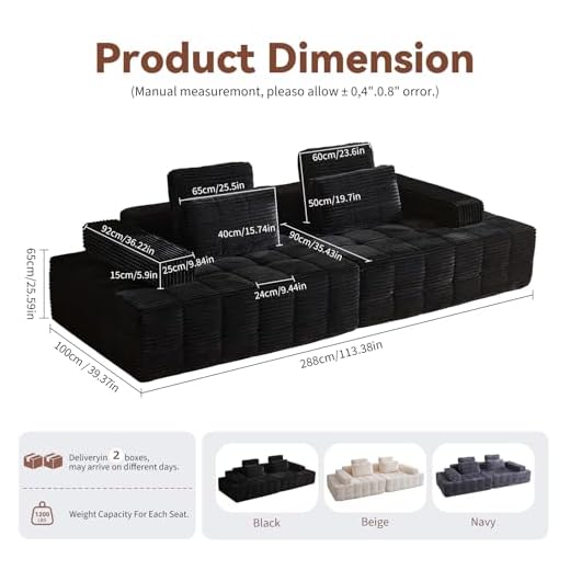 113'' Modular Boneless Sofa with Chaise Lounge