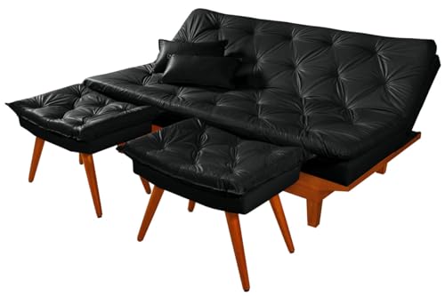 Sofa Cama Caribe Em Courino Couro Sintetico + Duas Banquetas (Preto)