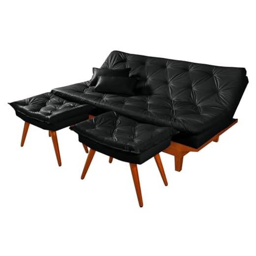 Sofa Cama Caribe Em Courino Couro Sintetico + Duas Banquetas (Preto)