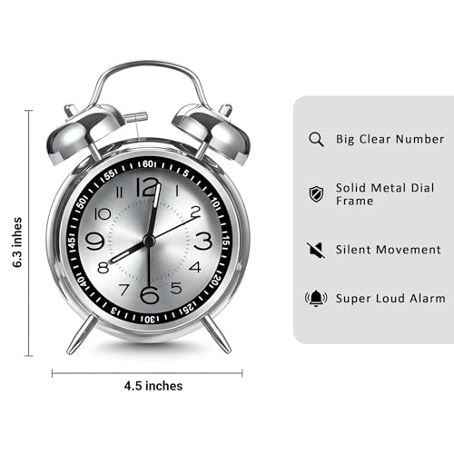 Image of Auromin Analog Alarm Clock for Bedroom & Study Table | Loud Alarm for Heavy Sleepers | Silent Desk & Table Clock for Home, Office, Living Room | Retro Stainless Steel Alarm Clock