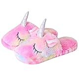 einhorn hausschuhe nici Obermaterial: Plüsch Re-Miss Unisex Damen Kinder mädchen 3D neuheit Tier Regenbogen plüsch Einhorn Charakter Indoor weiche Hausschuhe (Multicolor)