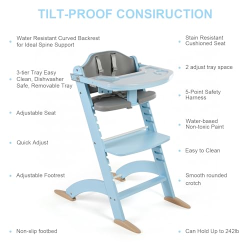 Image of Cowiewie New Upgrade 3-in-1 Convertible Wooden High Chair for Babies & Toddlers 10 Levels Adjustable 3-Tier Remove 2 Waterproof Cozy Cushions Blue