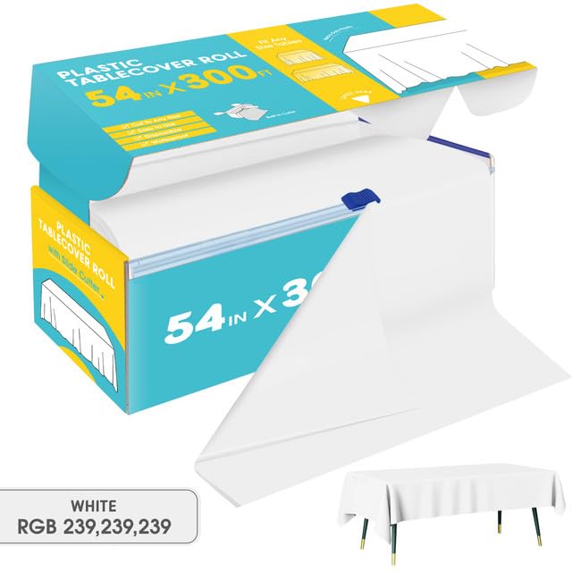 Image of Niuara White Plastic Table Cover Roll - 54IN x 300FT, Table Cloth for Rectangle Table with Slide Cutter, Plastic Table Cloth Disposable with Cut-to-Size Design for Weddings, Banquets, Parties