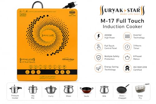 Image of Surya K Star 2200 W, M-17 Full Touch Induction Cooktop, Corded Electric, Alloy Steel, 30x30x10 cm, 1.60