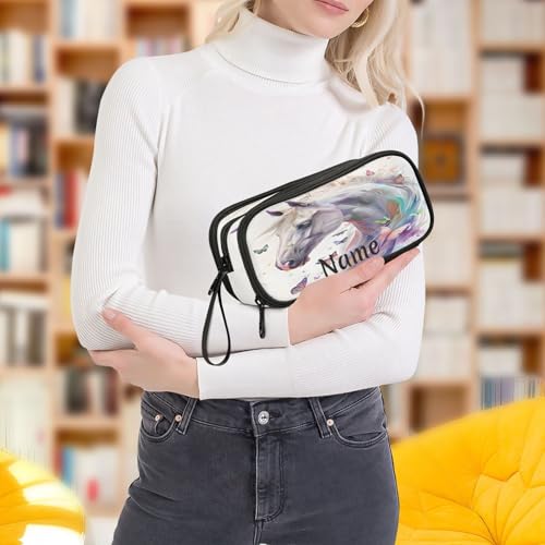 Image of Custom White Horse Butterflies Pencil Case Box Boys Girls Personalized Name Large Pencil Pouch Stationery Pen Bag Organizer for Kids Adults School Office