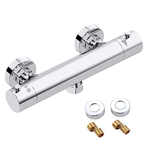 Grifo Termostatico Ducha, Griferia Termostatica Ducha con el Botón de Seguridad 38 ?, Cuerpo termostático de latón macizo,Plateado,Cromado.