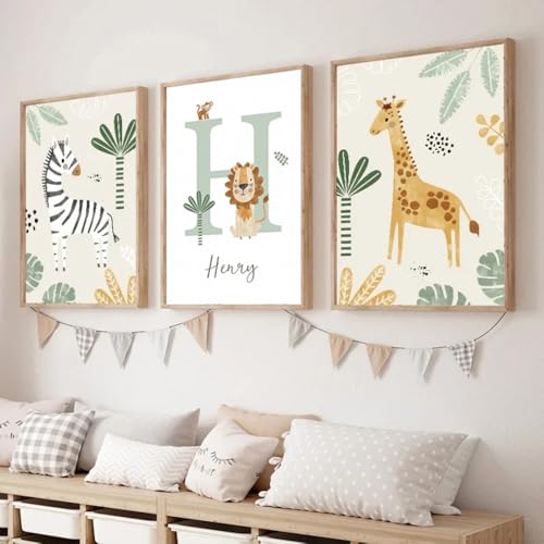 Miniatura 2 de Youihom 3 Cuadros Animales Selva 30x40 Porter Nombre Personalizado Bebe Verde Boho Infntiles De Animales Jirafa Zebra Poster Lienzo Sin Marco