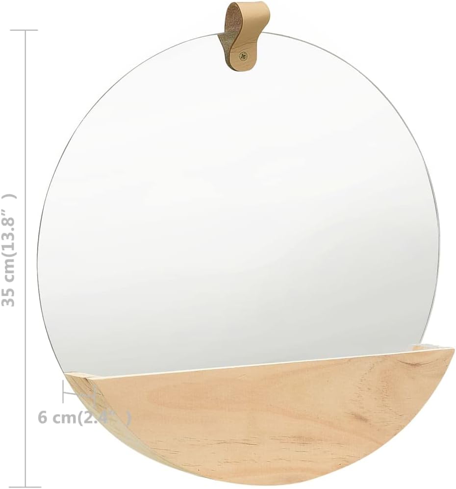 vidaXL Wall Mirror with Handy Storage Compartment - Solid Pinewood and Glass - Durable Bathroom Mirror - Round Shape - Natural and Unique Design - 13.8”