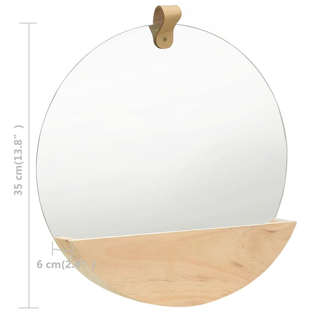 Espejo de pared de madera de pino macizo de 35 cm, soporte de pared redondo con estante para baño, pasillo o dormitorio, para cosméticos y cepillos de dientes