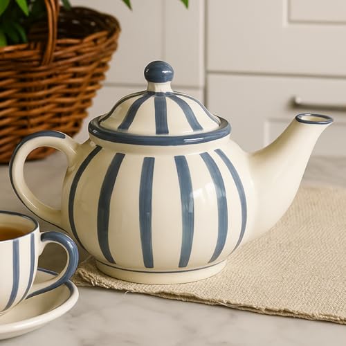 Image of Saras Aajeevika Handmade Ceramic Round Tea Pot Kettle -1000ml|Prefect for Serving Hot Soups Herbal Coffee Milk Teapot Sauce Boat Daily Use Home Kitchen Dining Table Decor Return Gift Items